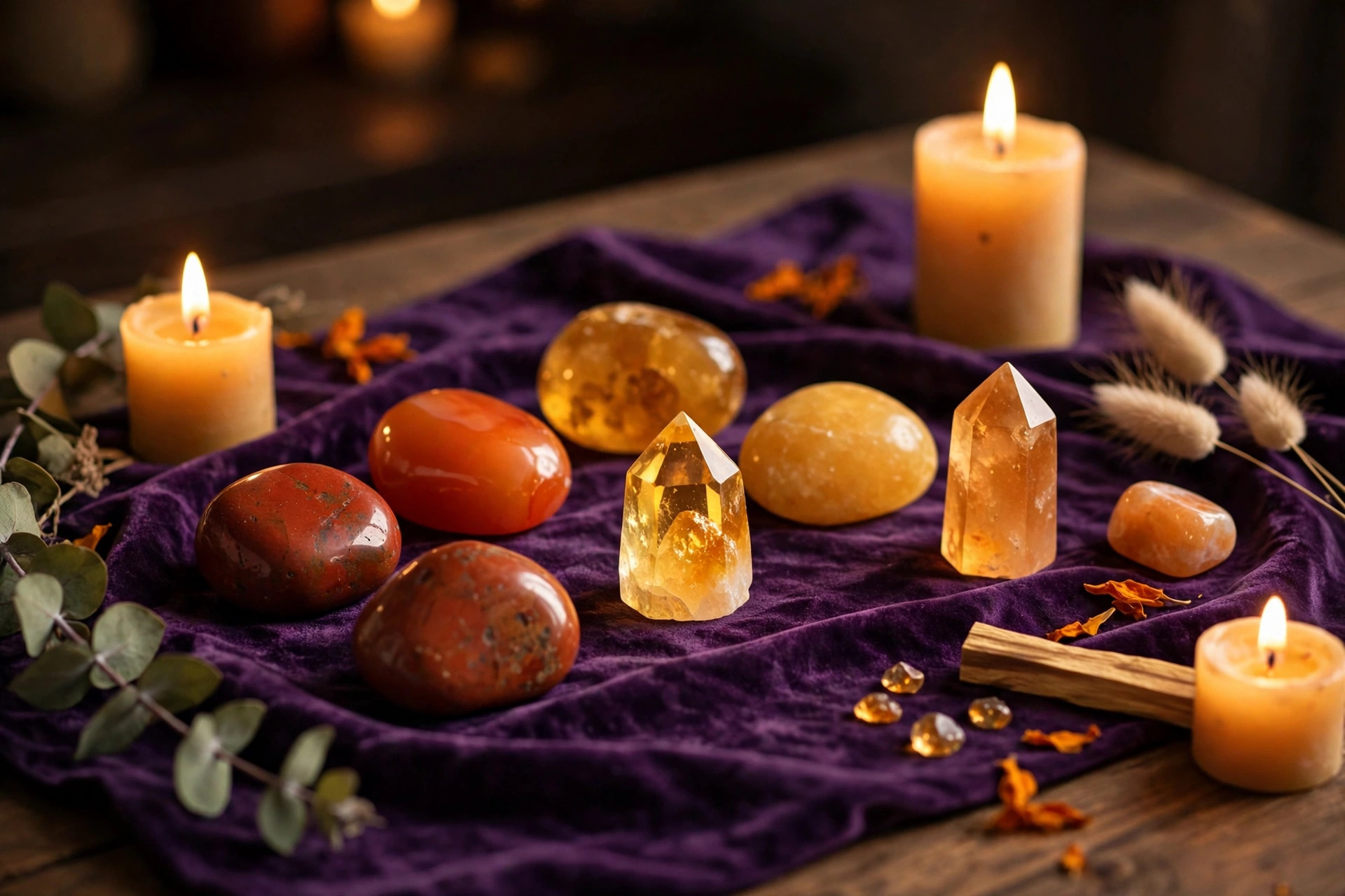 Healing crystals and candles on a purple cloth