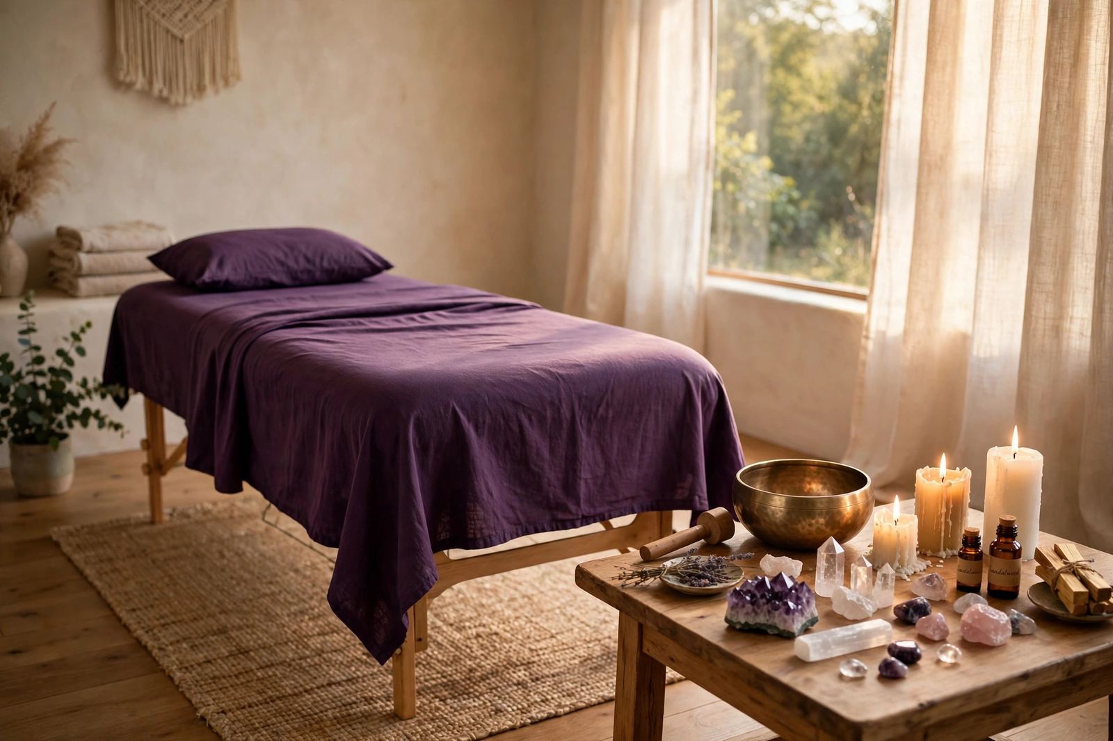 A calm healing room with a purple-draped table, singing bowl and candles